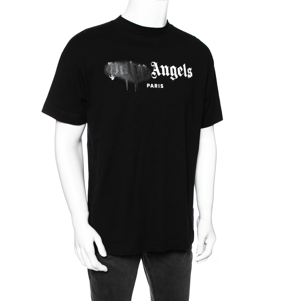

Palm Angels Black Cotton Sprayed Logo Printed Crew Neck T-Shirt