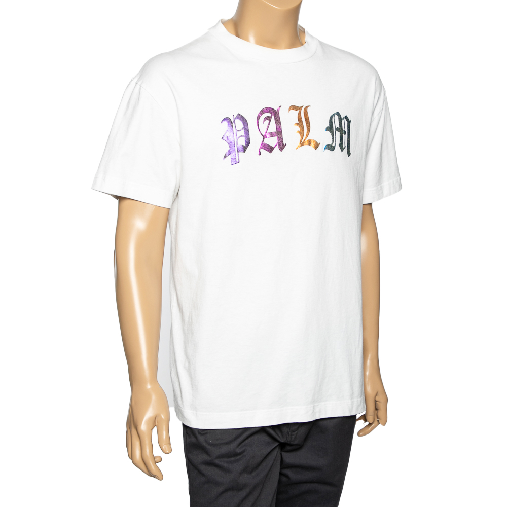

Palm Angels White Cotton Foil Logo Printed Crew Neck T-Shirt