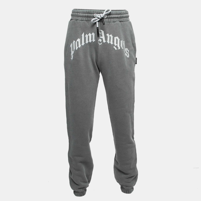 Palm Angels Grey Curved Logo Print Cotton Sweatpants S