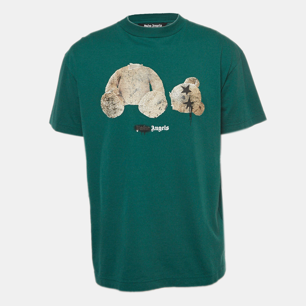 

Palm Angels Green Spray Paint Bear Print Cotton T-Shirt