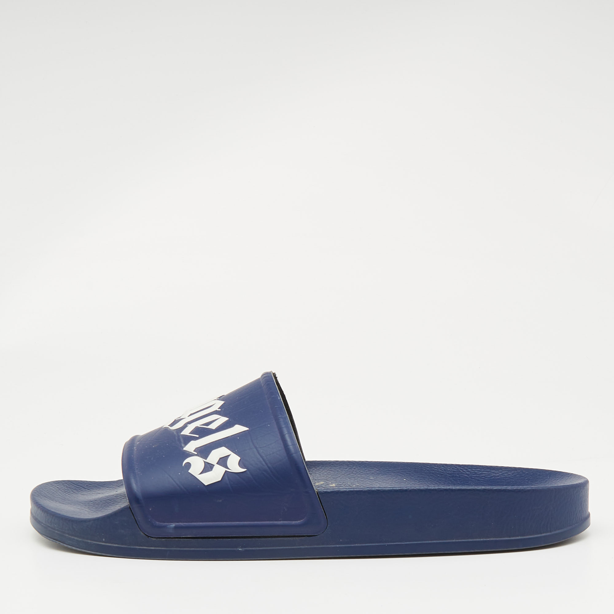 

Palm Angels Blue Leather Logo Flat Slides Size