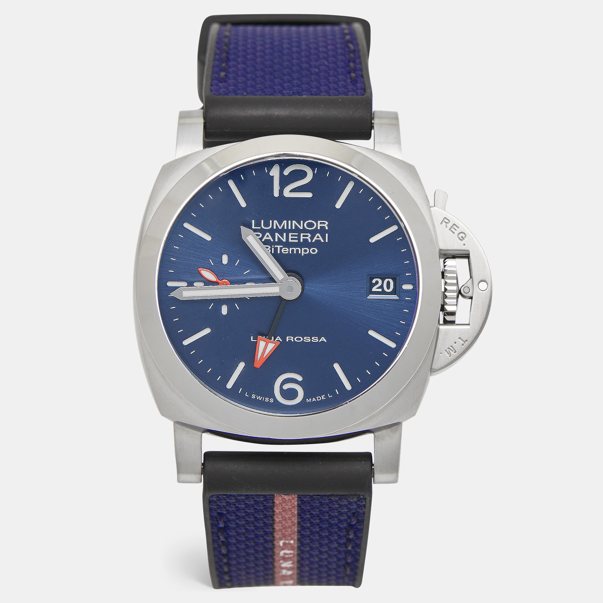 

Panerai Blue Stainless Steel Fabric Rubber Luminor Quaranta BiTempo Luna Rossa PAM01404 Men's Wristwatch