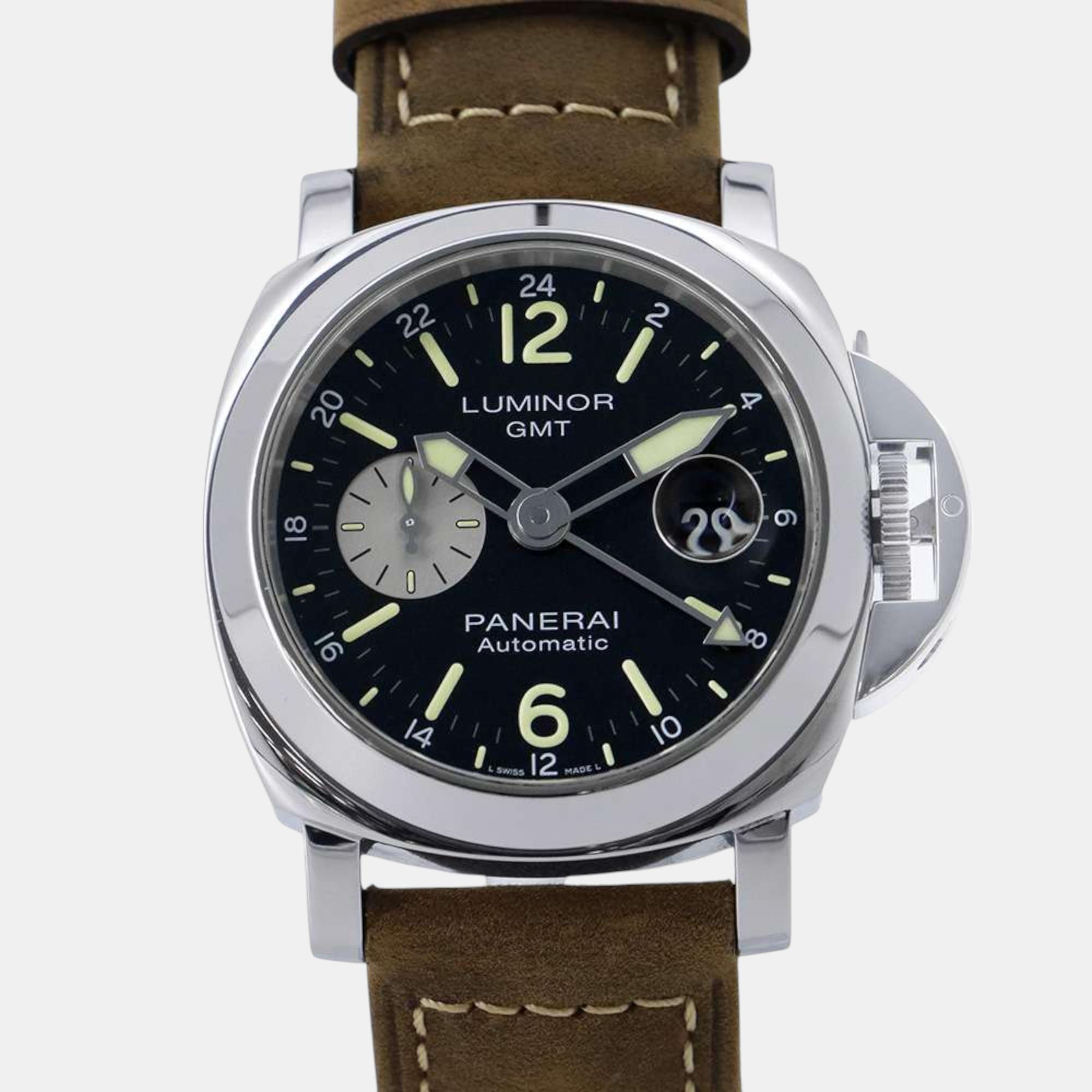 

Panerai Stainless Steel Leather Black Dial Luminor GMT Acciaio Watch 44 mm