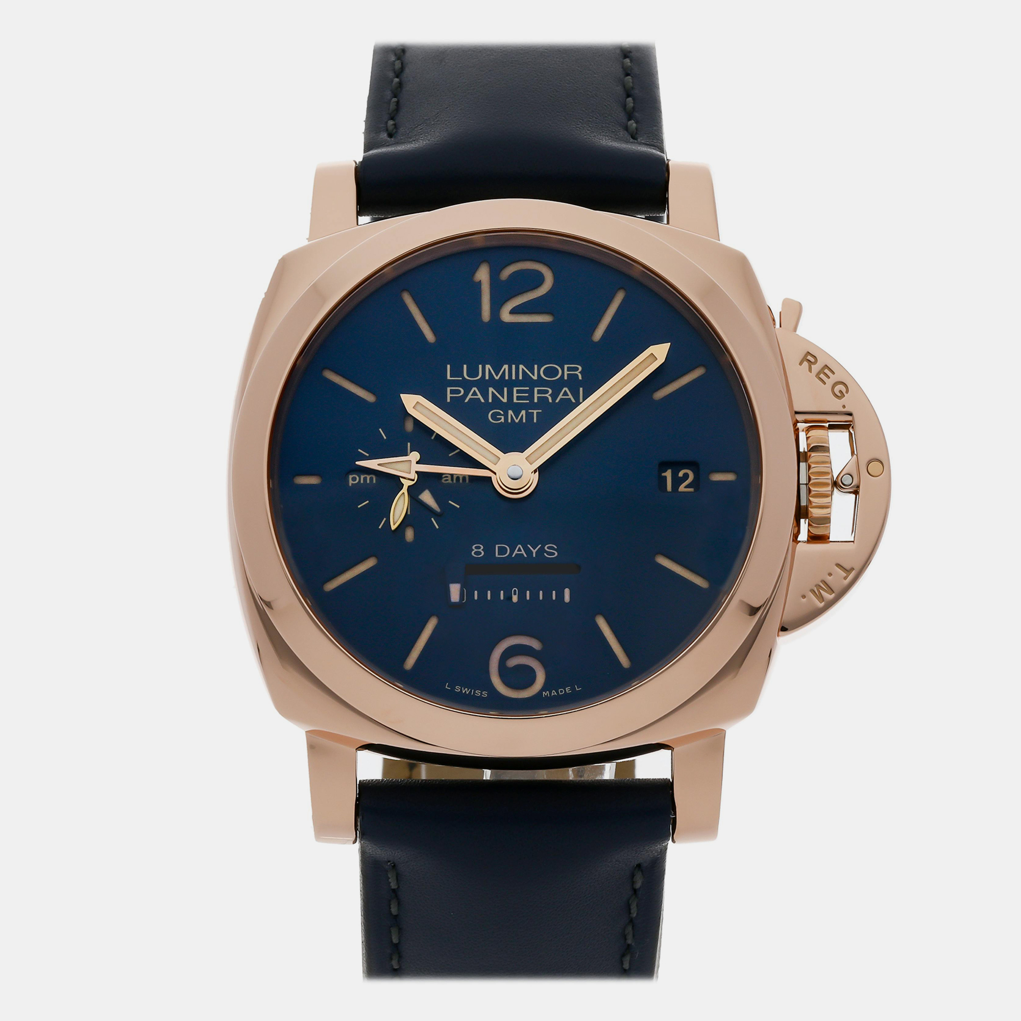 

Pre-Owned Panerai Luminor 1950 8 Days GMT Oro Rosso PAM 623, Blue