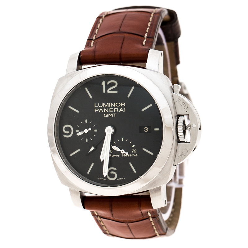 Panerai Black Stainless Steel Luminor 1950 GMT PAM00321 Men's Wristwatch 44 mm