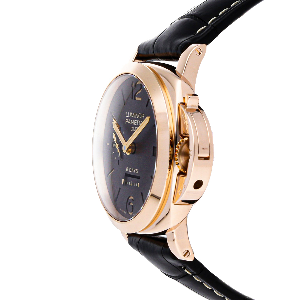 

Panerai Brown 18K Rose Gold Luminor 1950 8 Days GMT PAM 576 Men's Wristwatch 44 MM