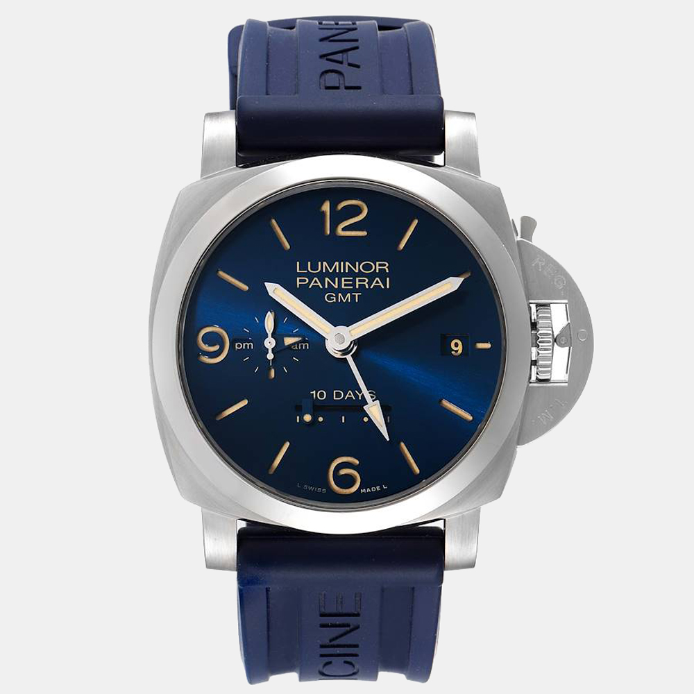 Pre-owned Panerai Blue Stainless Steel Luminor Marina Pam00986 Automatic Men's Wristwatch 44 Mm