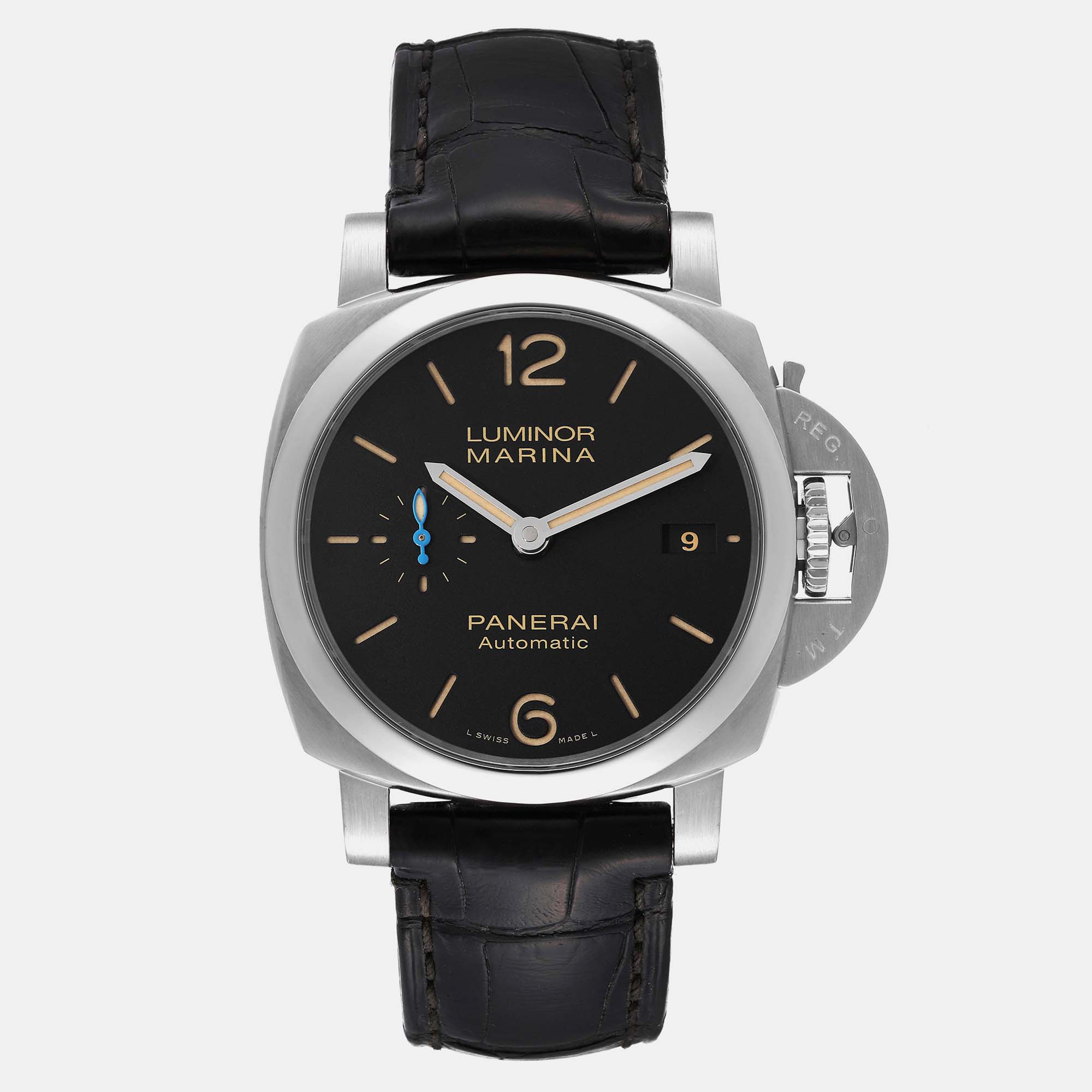 Pre-owned Panerai Black Stainless Steel Luminor Marina Automatic Men's Wristwatch 42 Mm