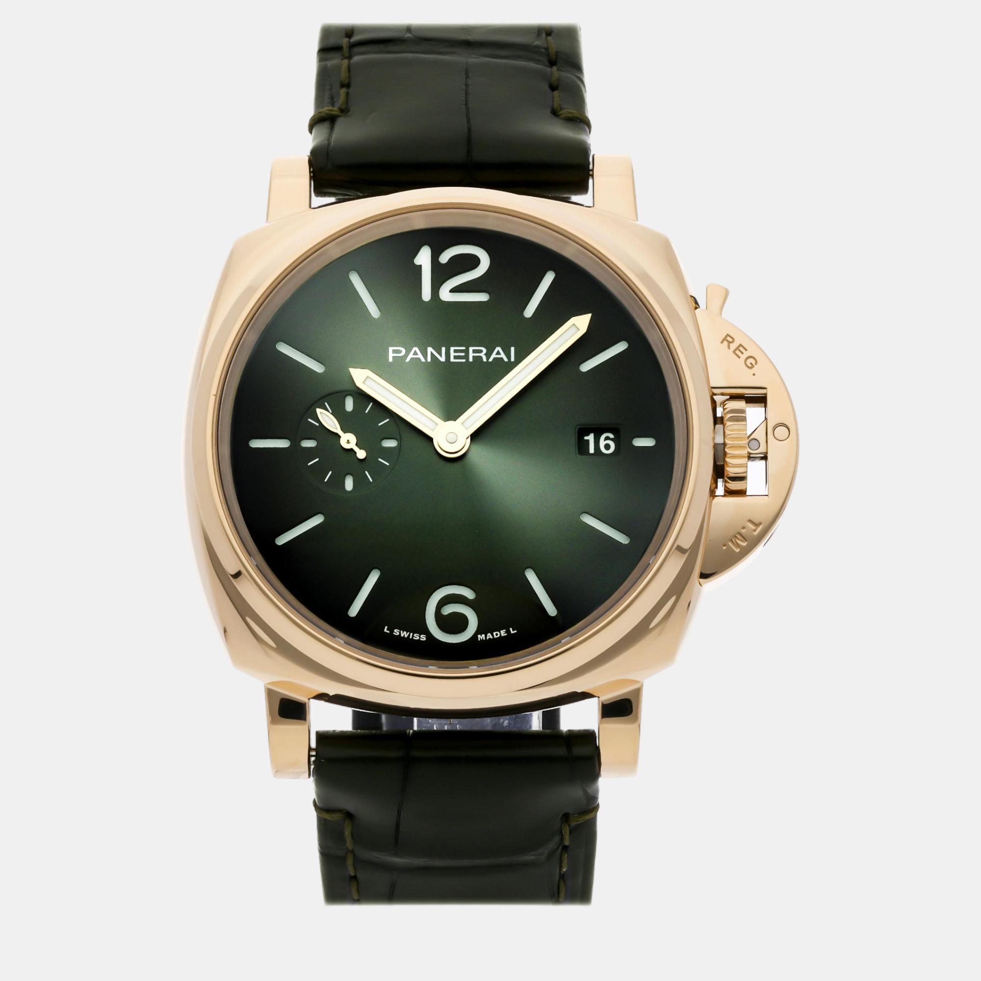Pre-owned Panerai Green 18k Yellow Gold Luminor Automatic Men's Wristwatch 42 Mm