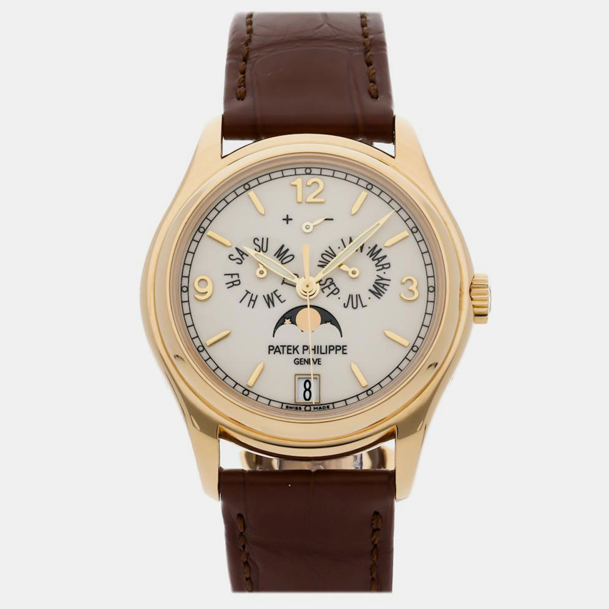 Pre-owned Patek Philippe Complications Annual Calendar Moonphases 5146j-001 White Automatic 18k Yell