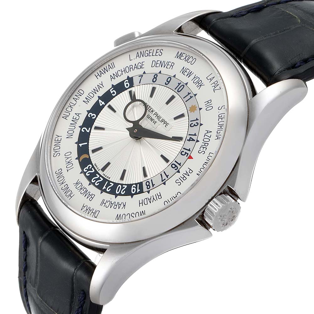 

Patek Philippe Silver 18K White Gold World Time Complications 5130 Men's Wristwatch 39.5 MM