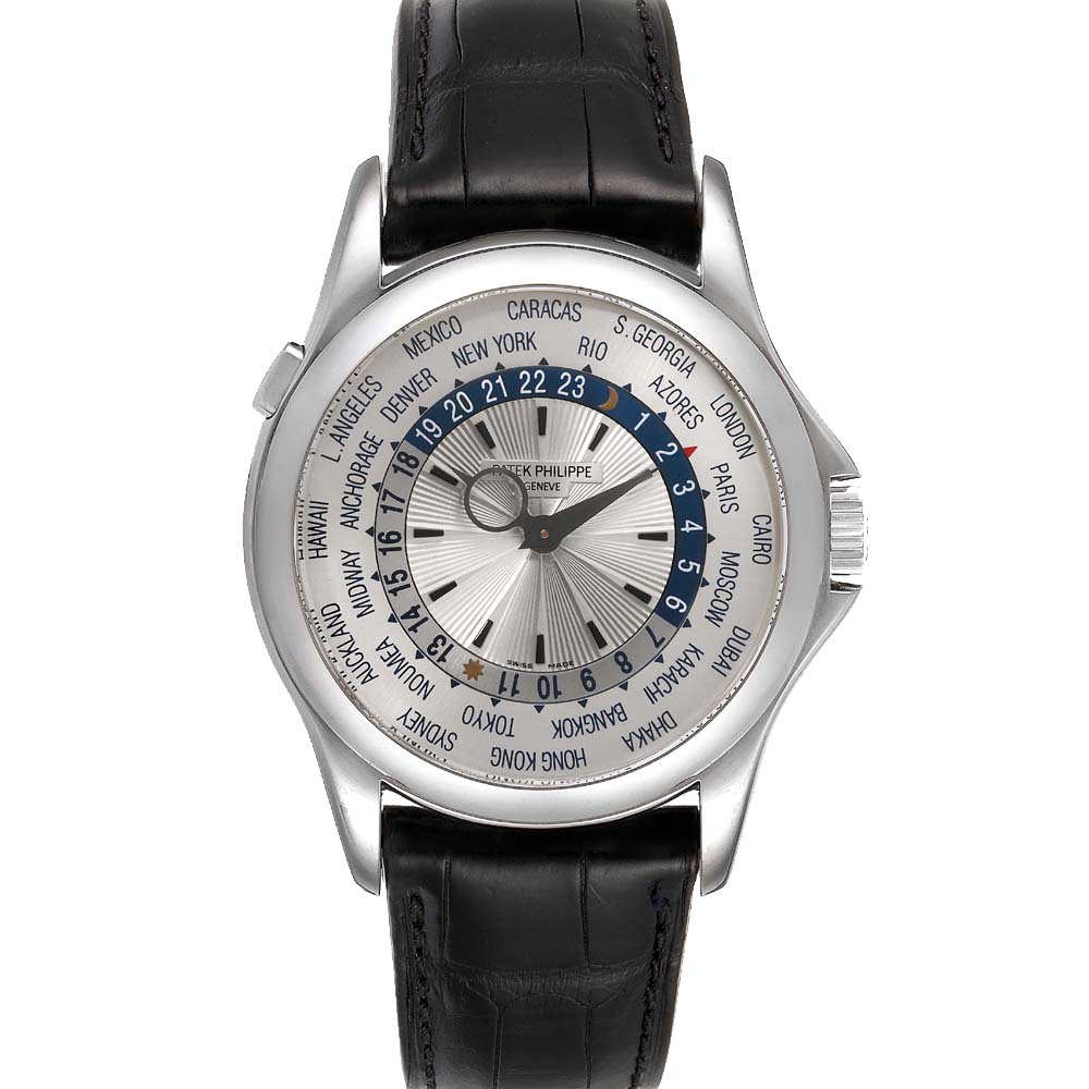 Pre-owned Patek Philippe Silver 18k White Gold World Time Complications 5130 Men's Wristwatch 39.5 Mm