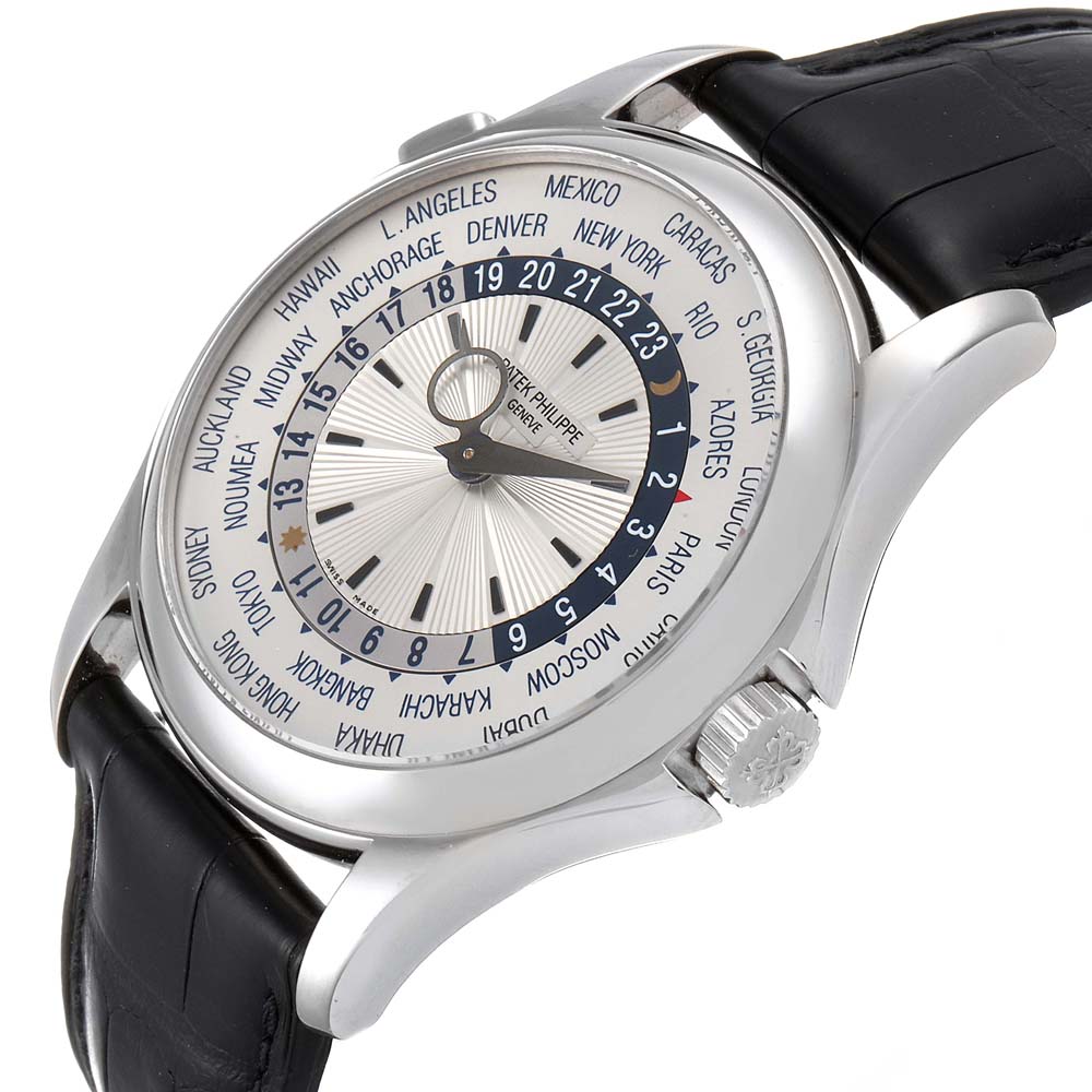 

Patek Philippe Silver 18K White Gold World Time Complications 5130 Men's Wristwatch 39.5 MM