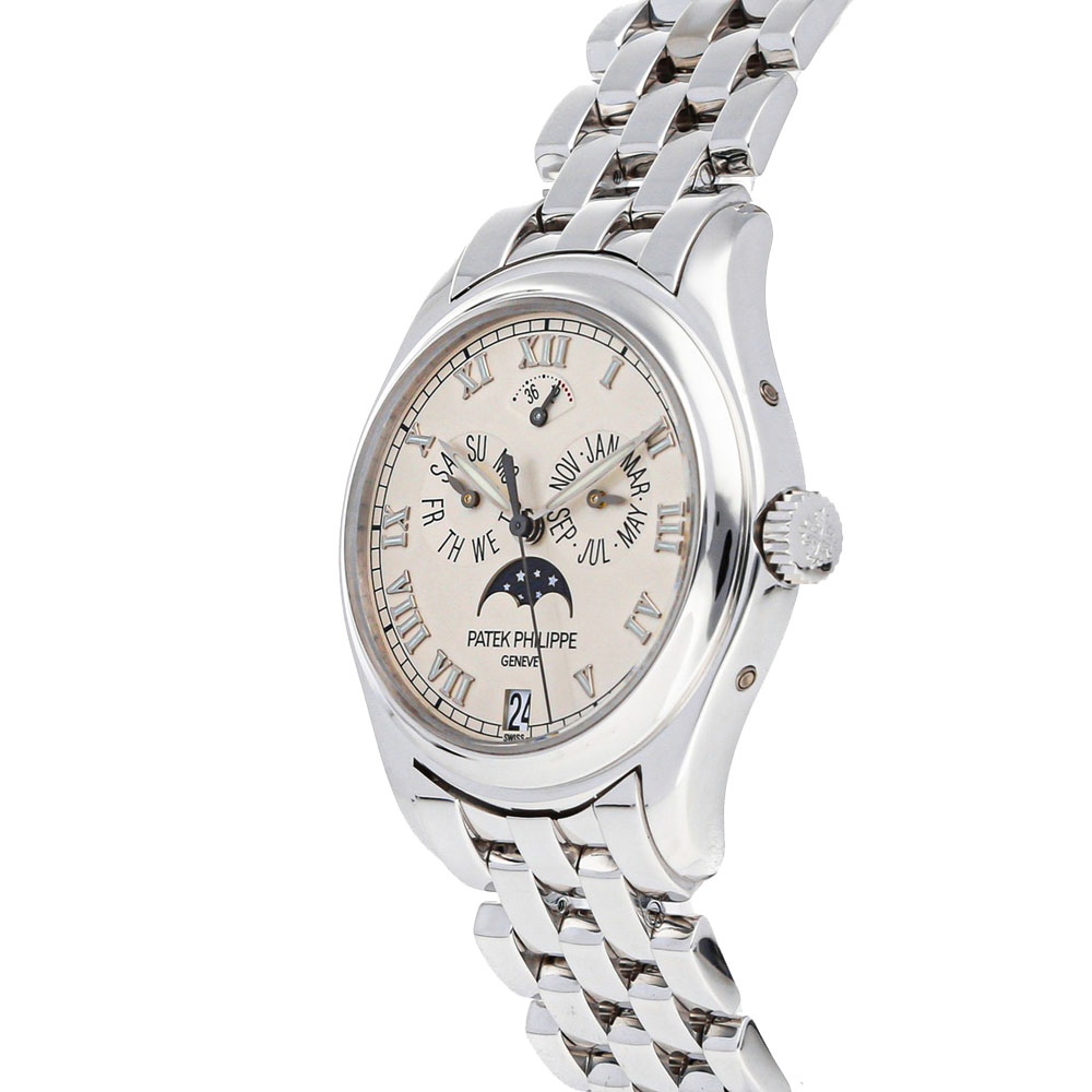 

Patek Philippe Silver 18K White Gold Complications Annual Calendar Moon Phases 5036/1G-017 Men's Wristwatch 37 MM