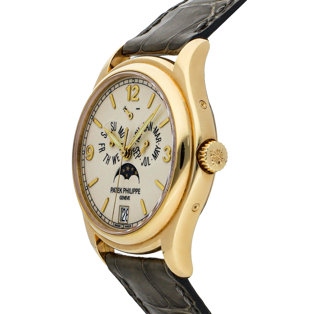 

Patek Philippe Silver 18K Yellow Gold Complications Annual Calendar Moon Phases 5146J-001 Men's Wristwatch 39 MM