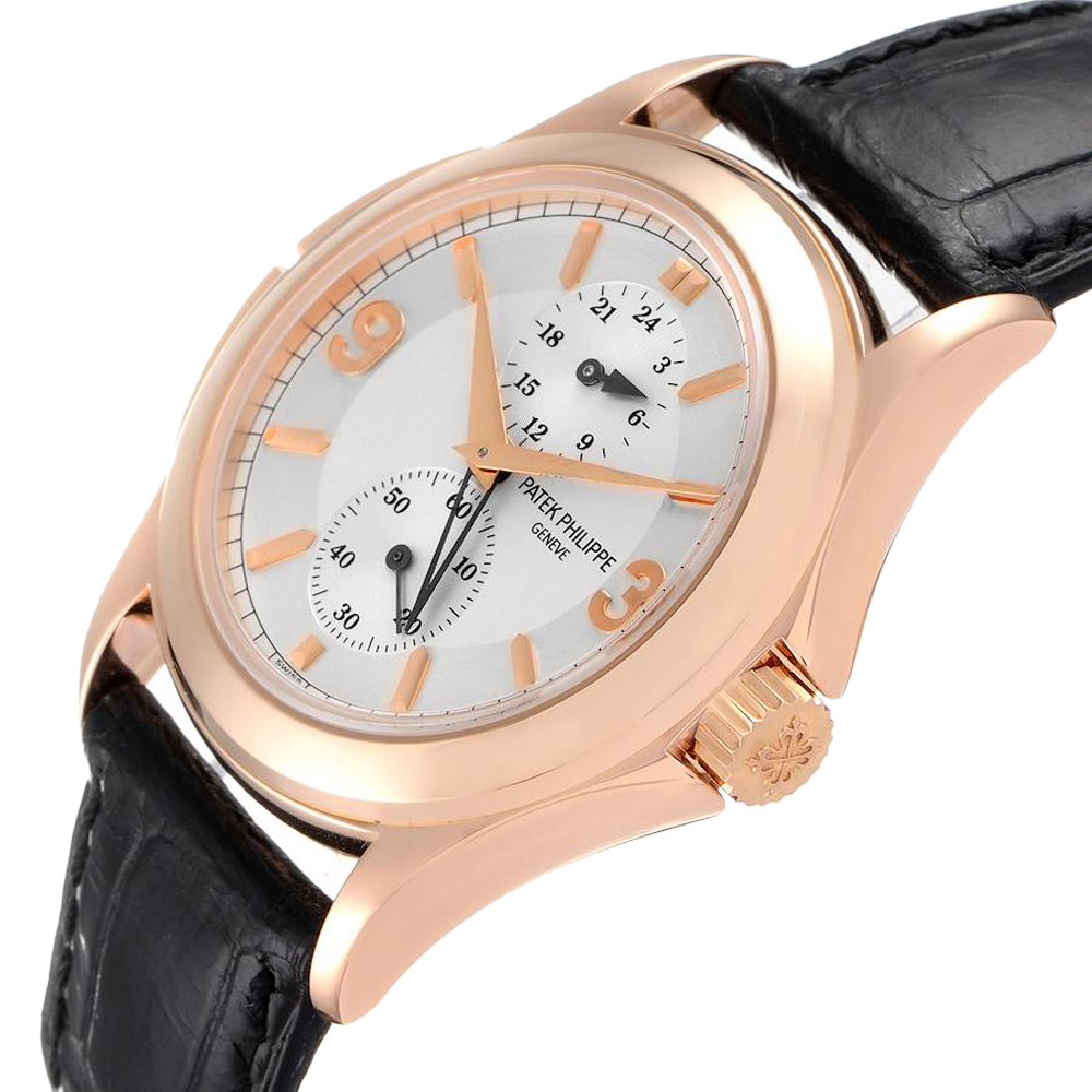 

Patek Philippe Silver 18k Rose Gold Calatrava Travel Time 5134 Men's Wristwatch 37 MM