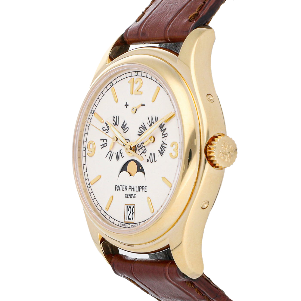 

Patek Philippe Silver 18k Yellow Gold Complications Annual Calendar Moon Phases 5146J-001 Men's Wristwatch 39 MM
