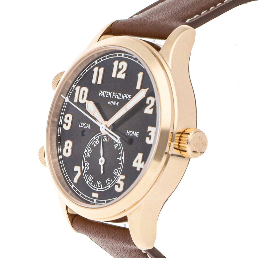 

Patek Philippe Black 18K Rose Gold Calatrava Pilot Travel Time 5524R-001 Men's Wristwatch 42 MM