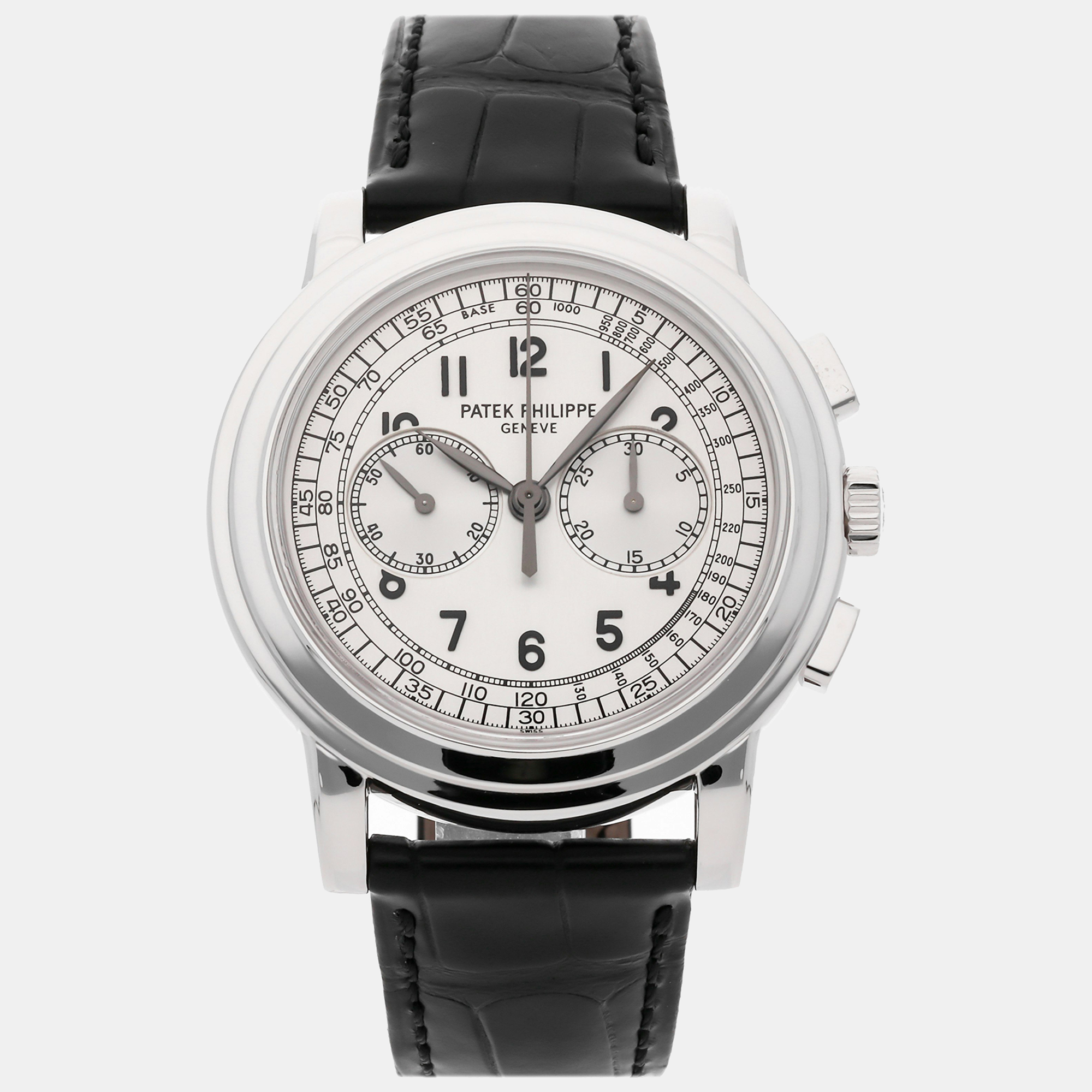 Pre-owned Patek Philippe Silver 18k White Gold Complications 5070g-001 Manual Winding Men's Wristwatch 42 Mm