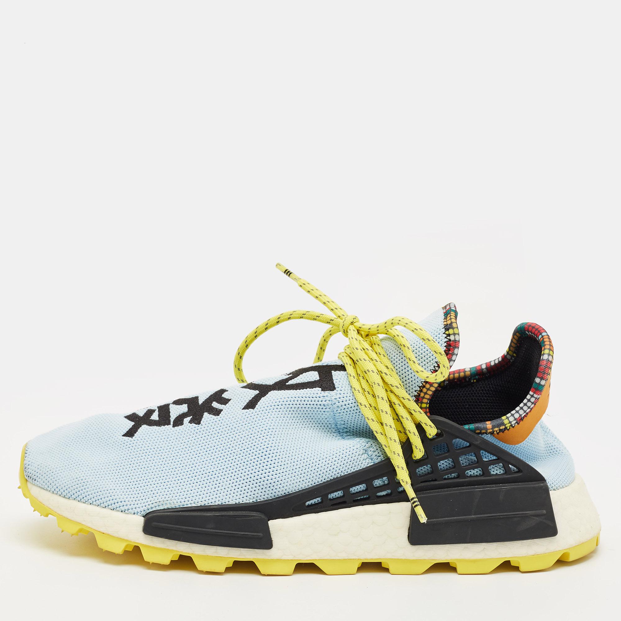 

Pharrell Williams x Adidas Blue Knit Fabric Hu NMD Inspiration Pack Clear Sky Sneakers Size 43 1/3