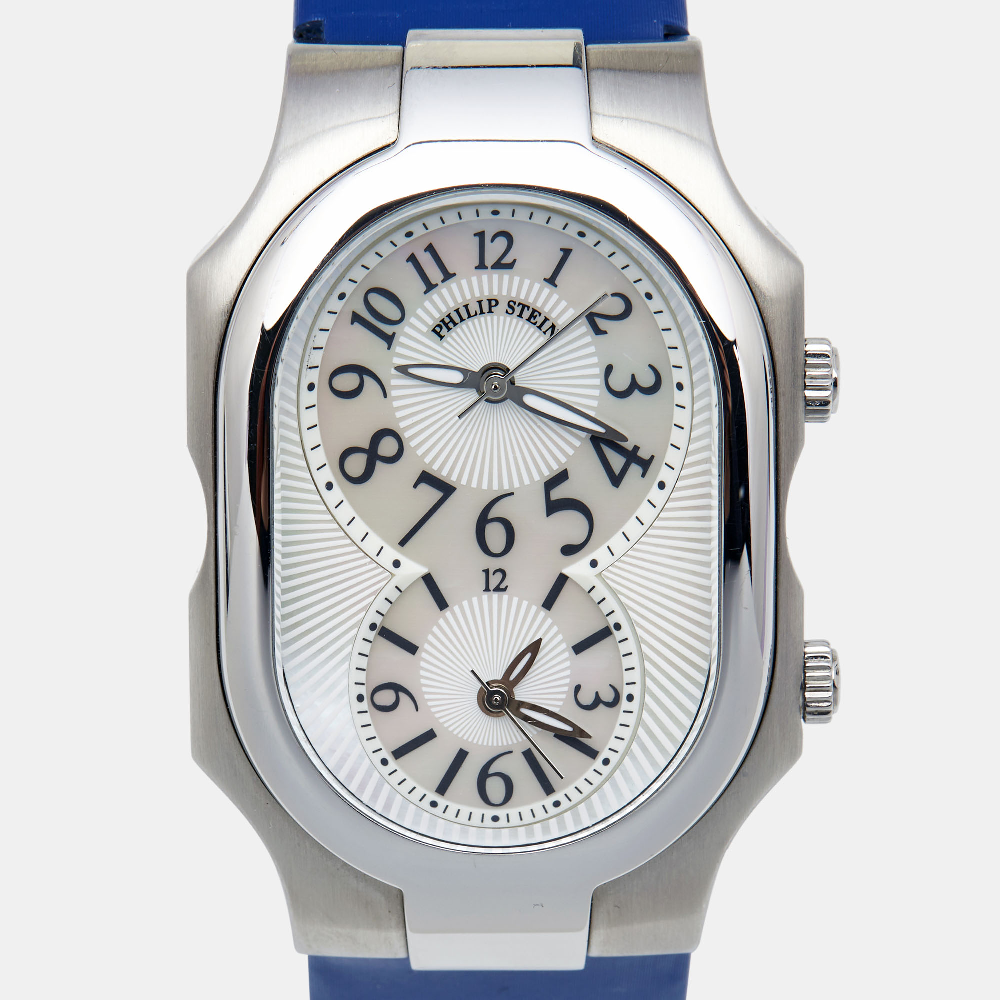 

Philip Stein White Mother Of Pearl Stainless Steel Satin Leather Signature Dual Time, Blue