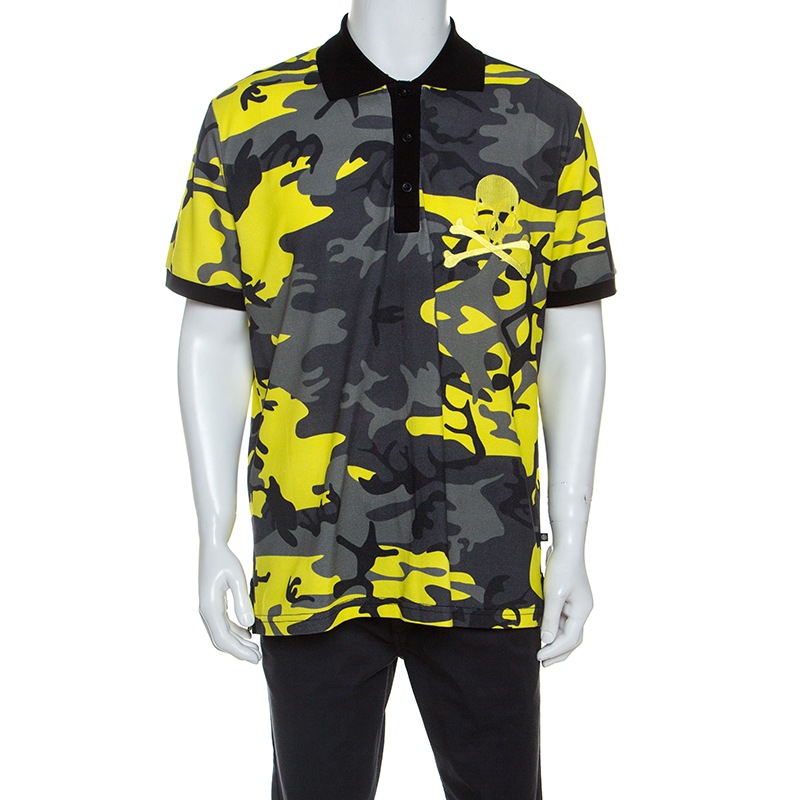 Pre Owned Philipp Plein Yellow Camouflage Print Cotton Volantine Polo T-Shirt 3XL