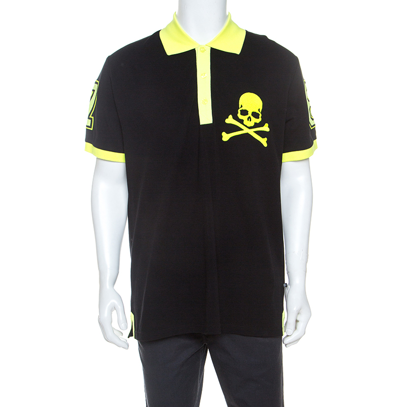 Pre Owned Philipp Plein Black and Yellow Cotton Skull Detail Sea Polo T-Shirt 3XL 