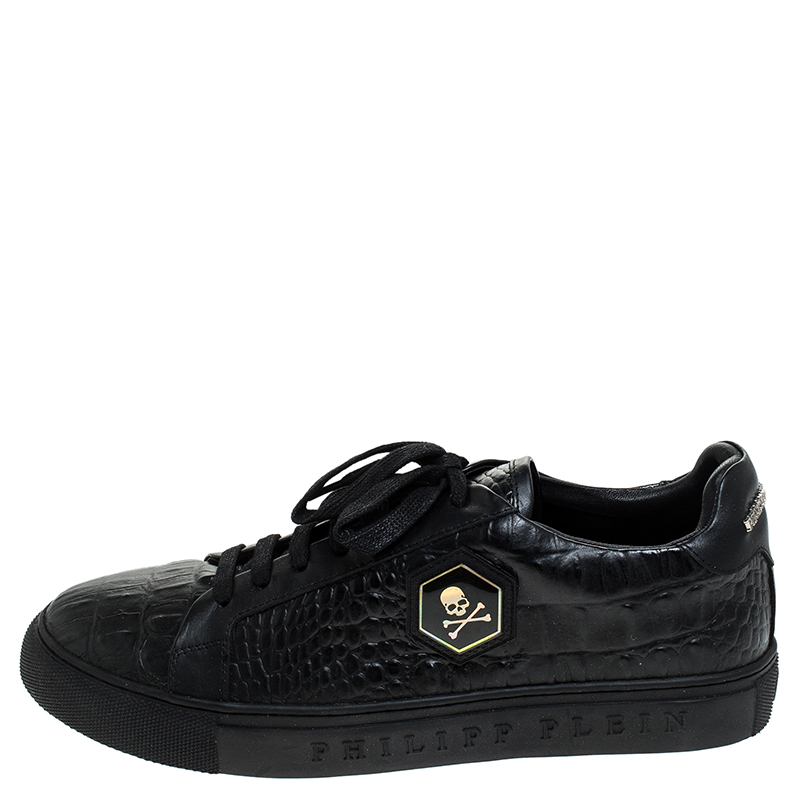 

Philipp Plein Black Croc Embossed Leather Tusk Lace Up Sneakers Size