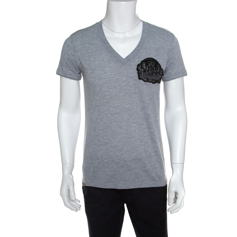 Pre Owned Philipp Plein Grey Logo Applique V-Neck Embellished Lord T-Shirt L