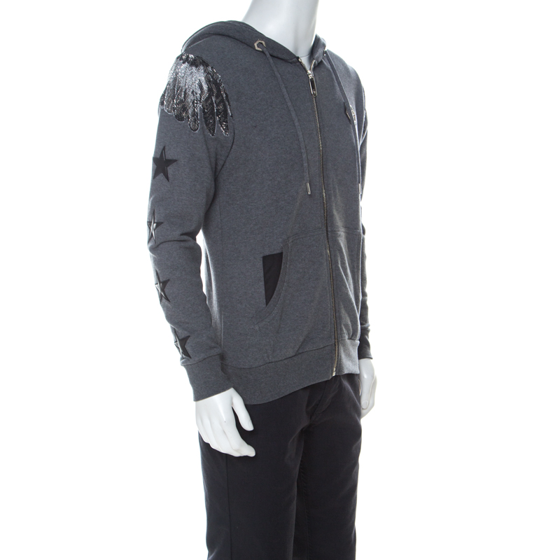 

Phillipp Plein Grey Skull & Wing Print Cotton Crystal Embellished Front Zip Hoodie