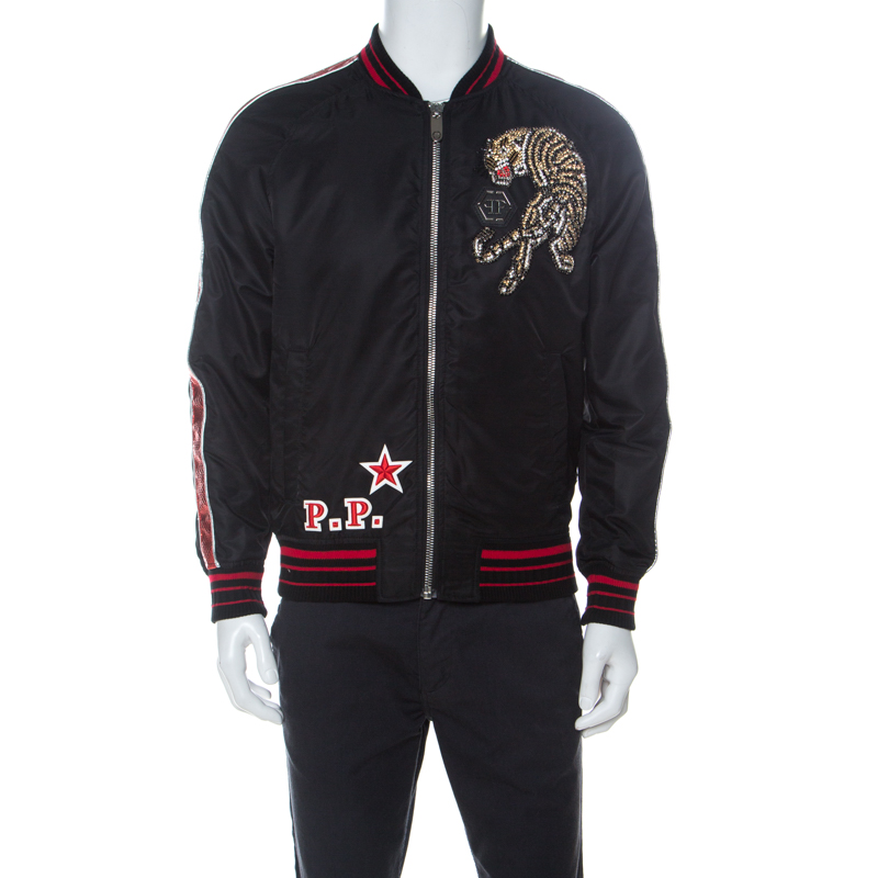 Pre Owned Phillipp Plein Black Embellished Tiger Bomber Jacket M