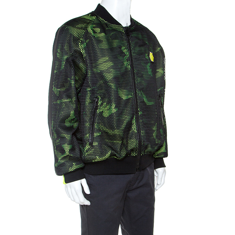 

Phillip Plein Green Camouflage Print Mesh Overlay Apple Tree Bomber Jacket 3XL