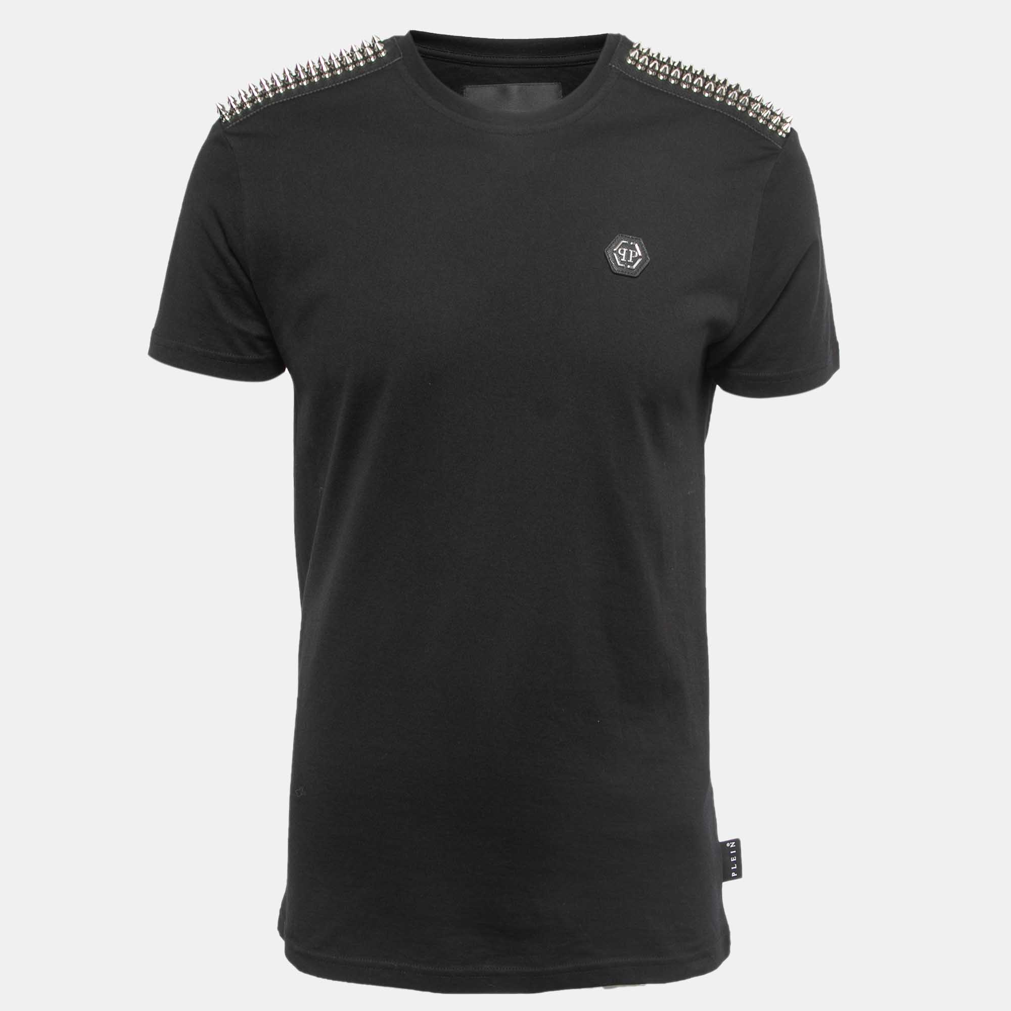 Homme Black Spiked Cotton Neck T-Shirt