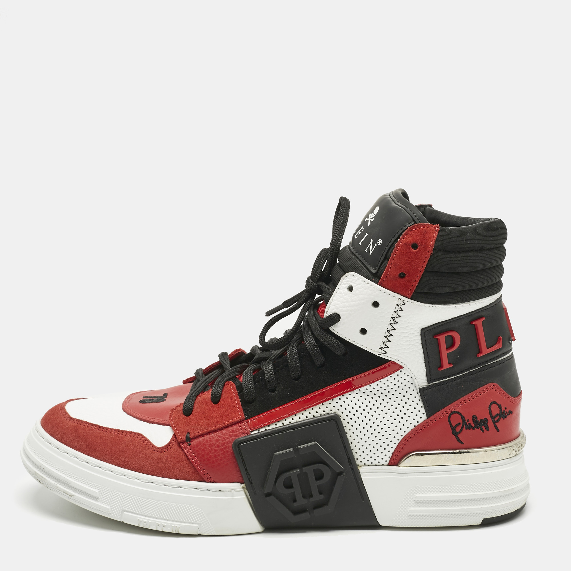 Philipp Plein Red Leather and Suede Phantom Kicks High Top Sneakers Size 42