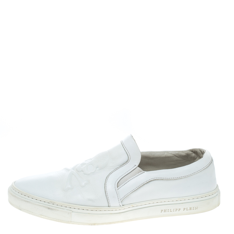 Pre-owned Philipp Plein White Leather Slip On Sneakers Size 44