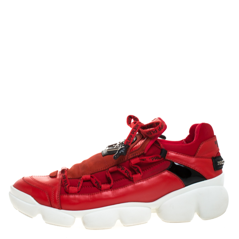 

Philipp Plein Red Leather And Stretch Fabric Low Top Sneakers Size