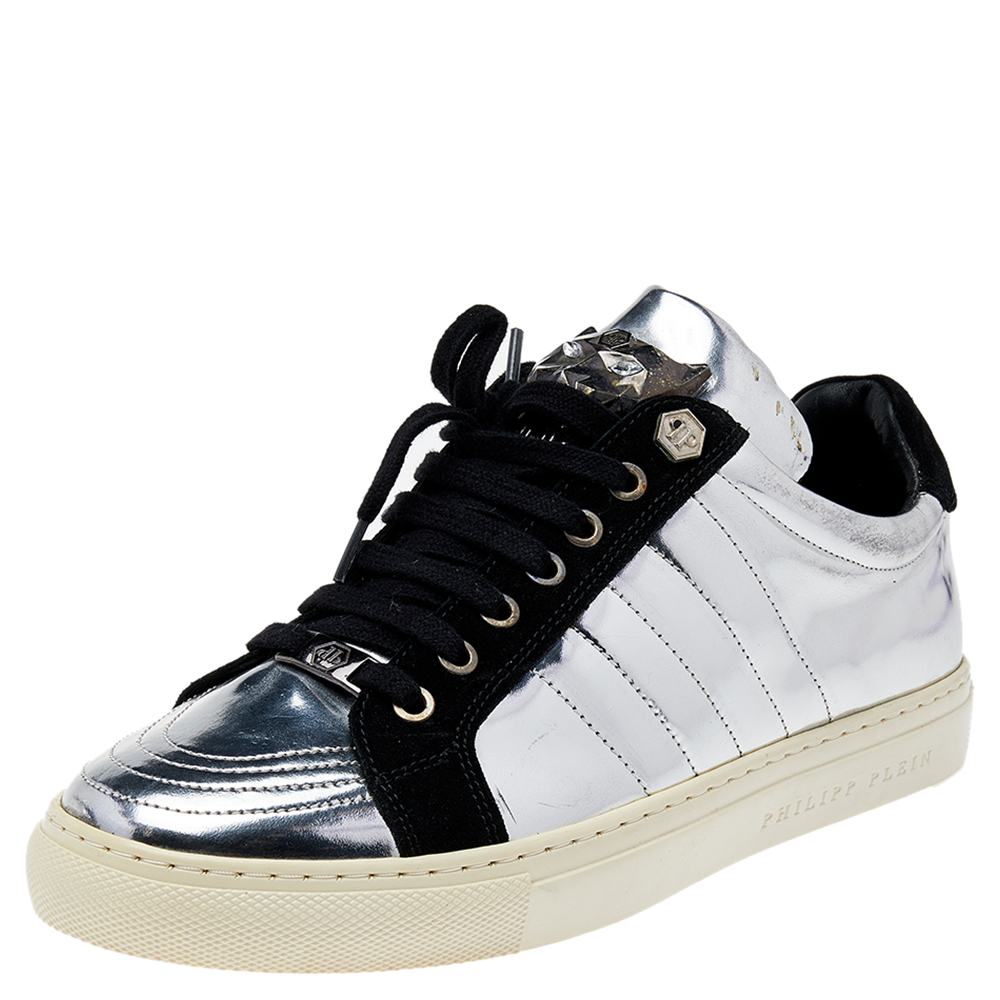 

Philipp Plein Silver /Black Leather And Suede Low Top Sneakers Size