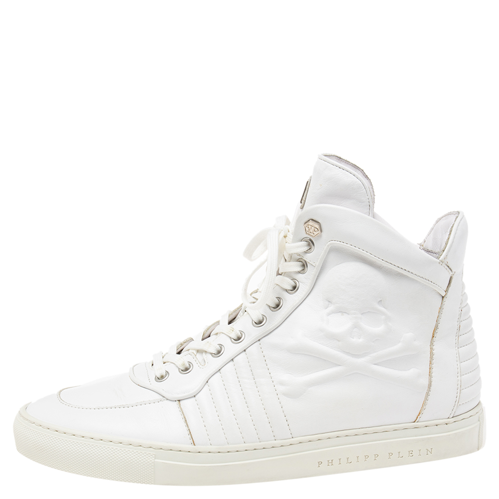 

Philipp Plein White Leather Embossed Skull High-Top Sneakers Size