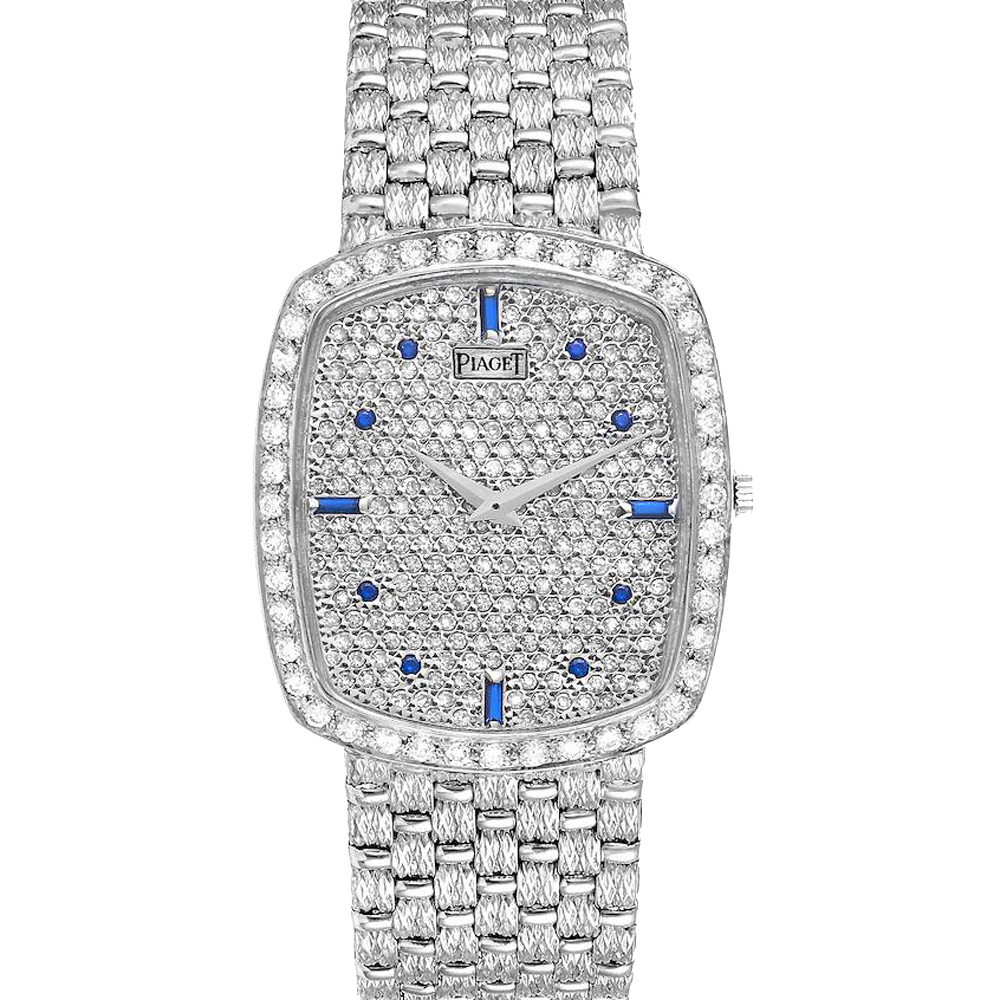 Pre-owned Piaget Silver Diamonds 18k White Gold Sapphire Vintage Cocktail 9741 Men's Wristwatch 34 X 30 Mm