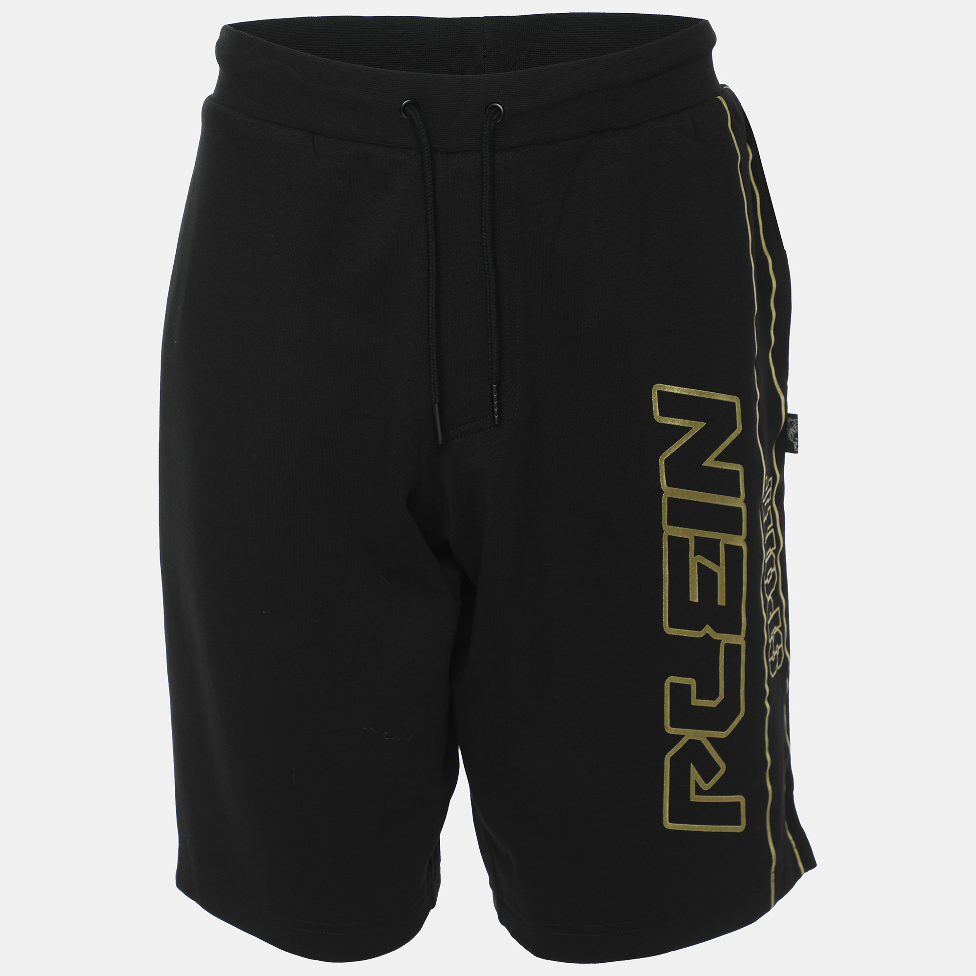 Pre-owned Plein Sport Black/gold Jersey Logo Print Shorts Xl