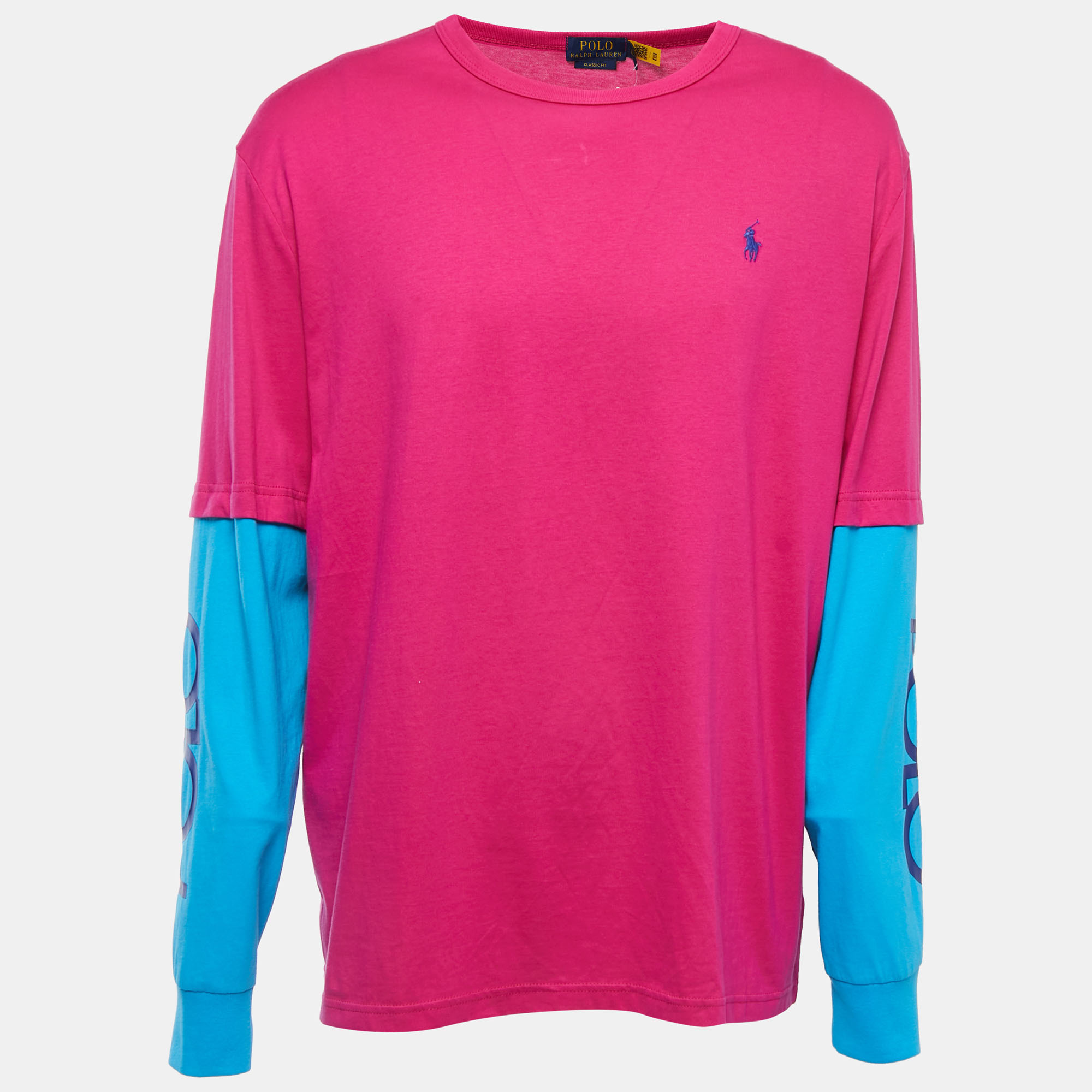 Pre-owned Polo Ralph Lauren Pink/blue Logo Embroidered Cotton Crew Neck Long Sleeve T-shirt L