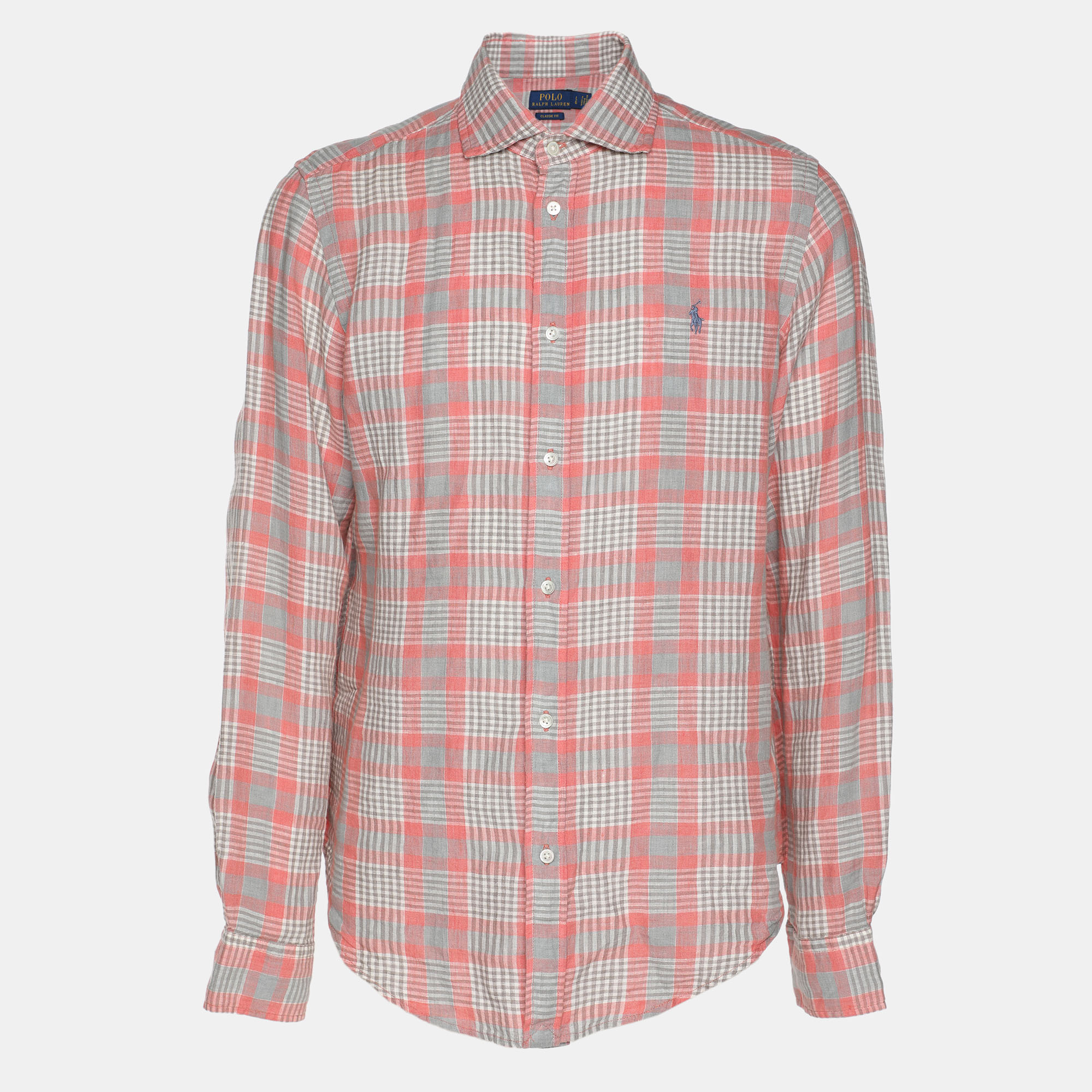 

Polo Ralph Lauren Pink/Grey Checkered Linen Classic Fit Shirt L