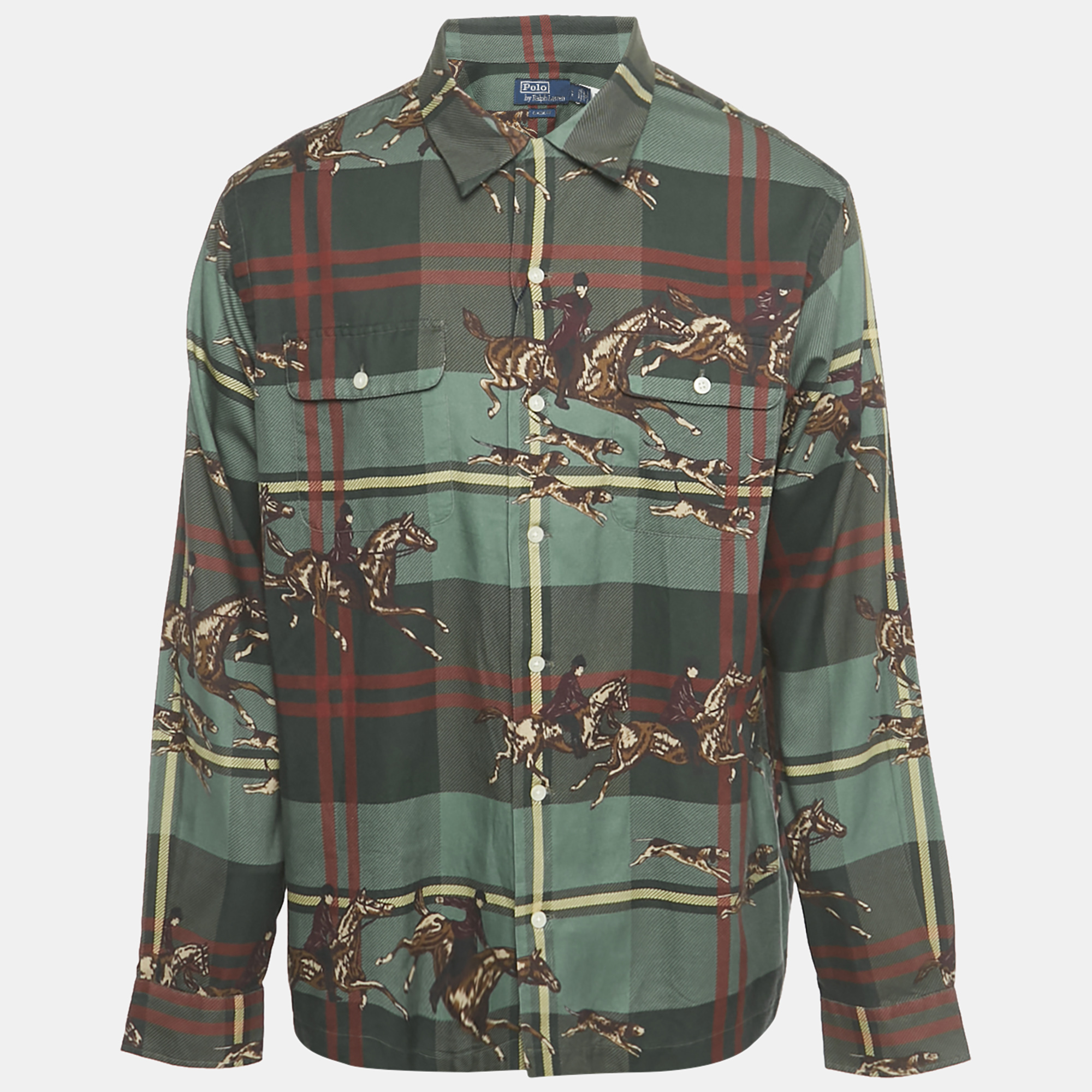 

Polo Ralph Lauren Green Equestrian Plaid Print Cotton Blend Classic Fit Shirt L