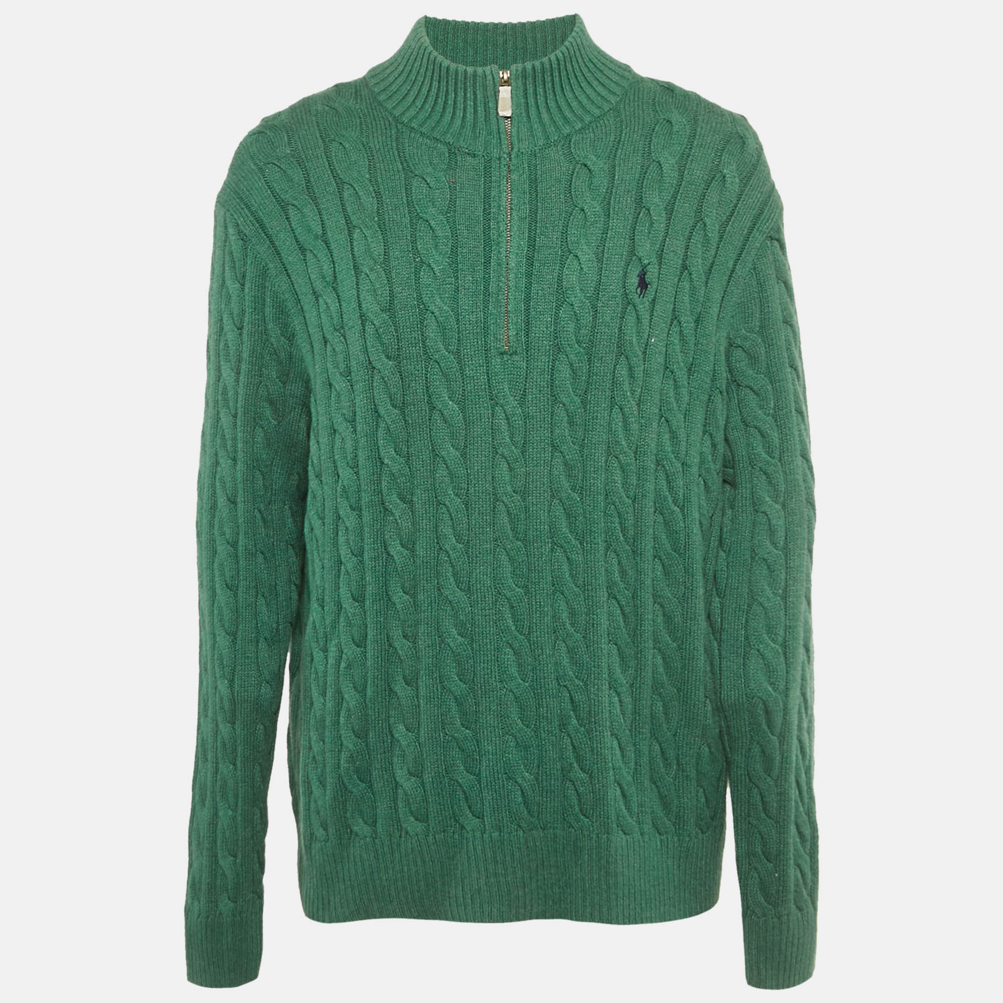 Click to view more detailed imagery on our partner's website Pre-owned Polo Ralph Lauren Green Cable Knit Zip-up Sweater Xxl