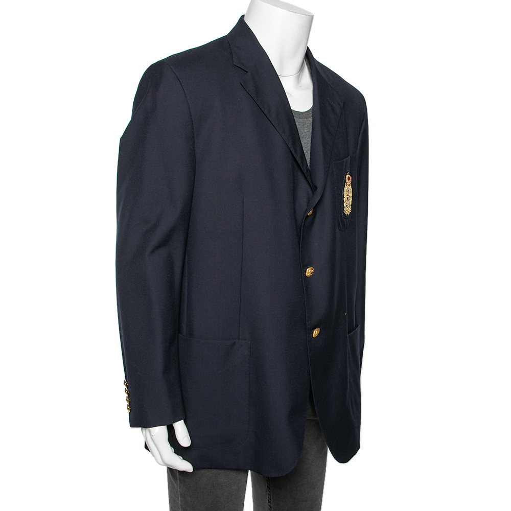 

Polo Ralph Lauren Navy Blue Wool Logo Crest Embroidered Blazer