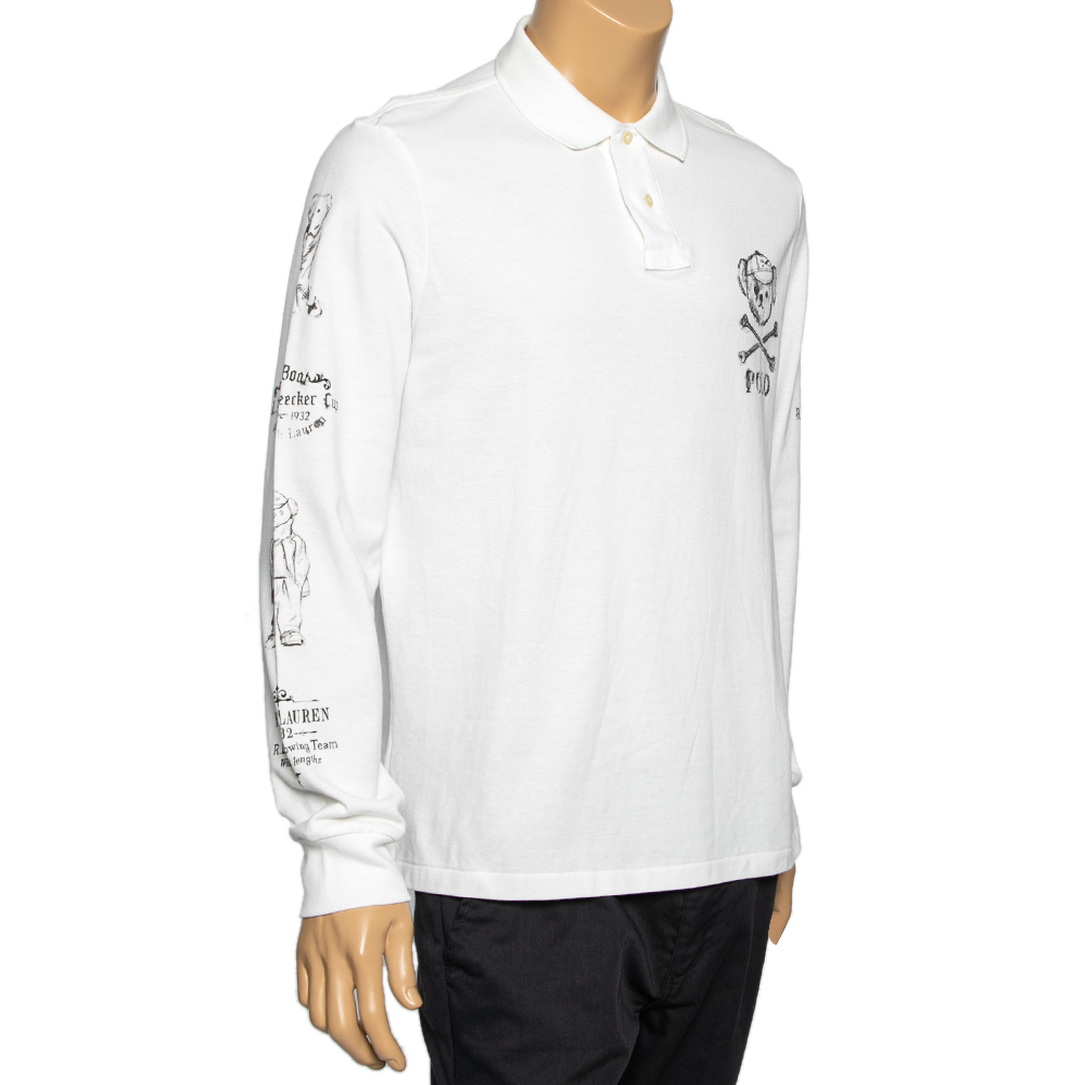 

Polo Ralph Lauren White Crossbones Bear Print Cotton Pique Polo T-Shirt