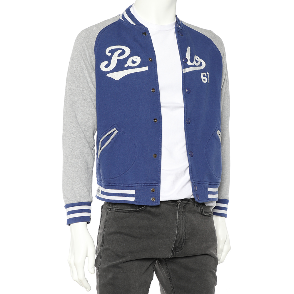 

Polo Ralph Lauren Blue & Grey Cotton Knit Logo Embroidered Button Front Jacket