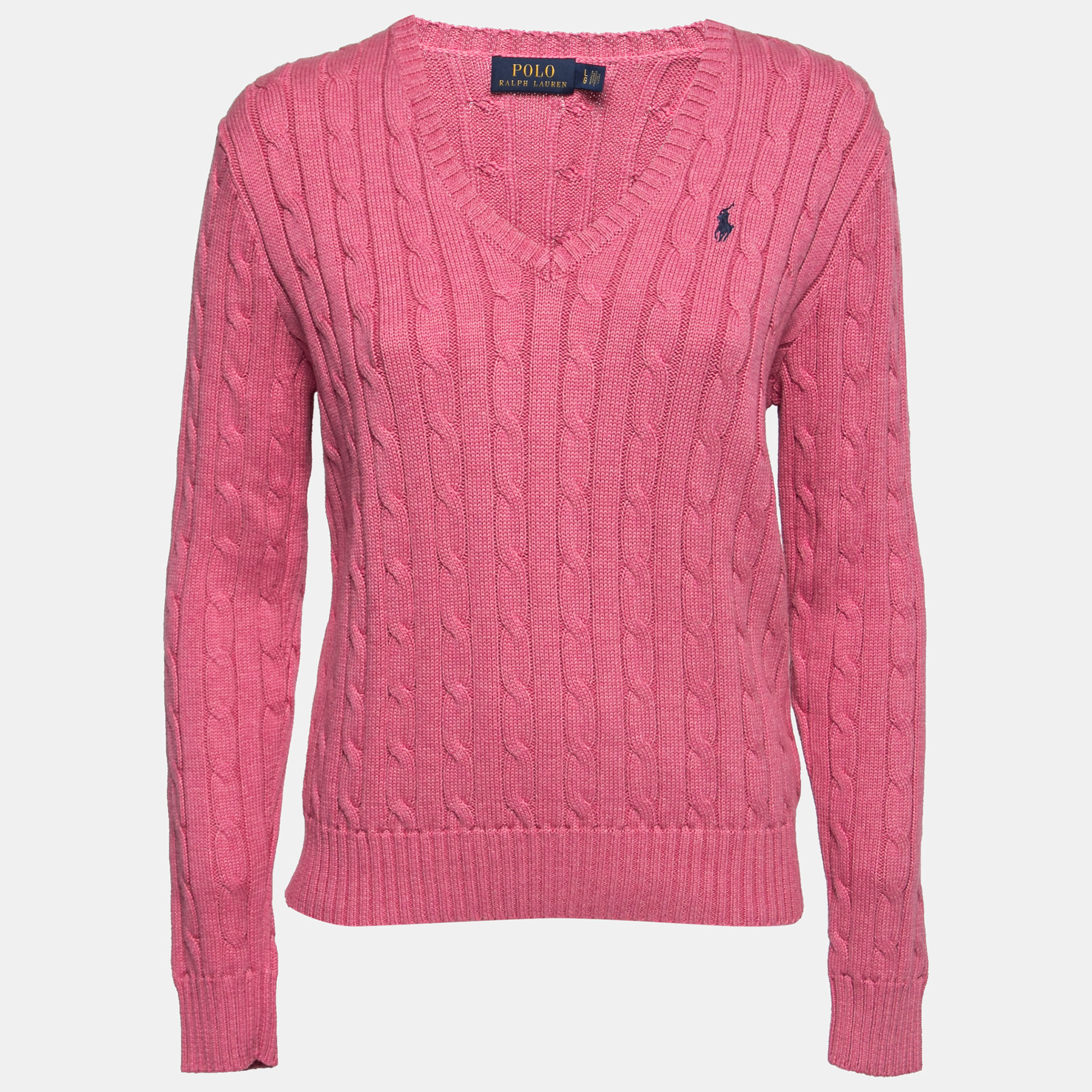 Pre-owned Polo Ralph Lauren Pink Cable Knit V-neck Sweater L