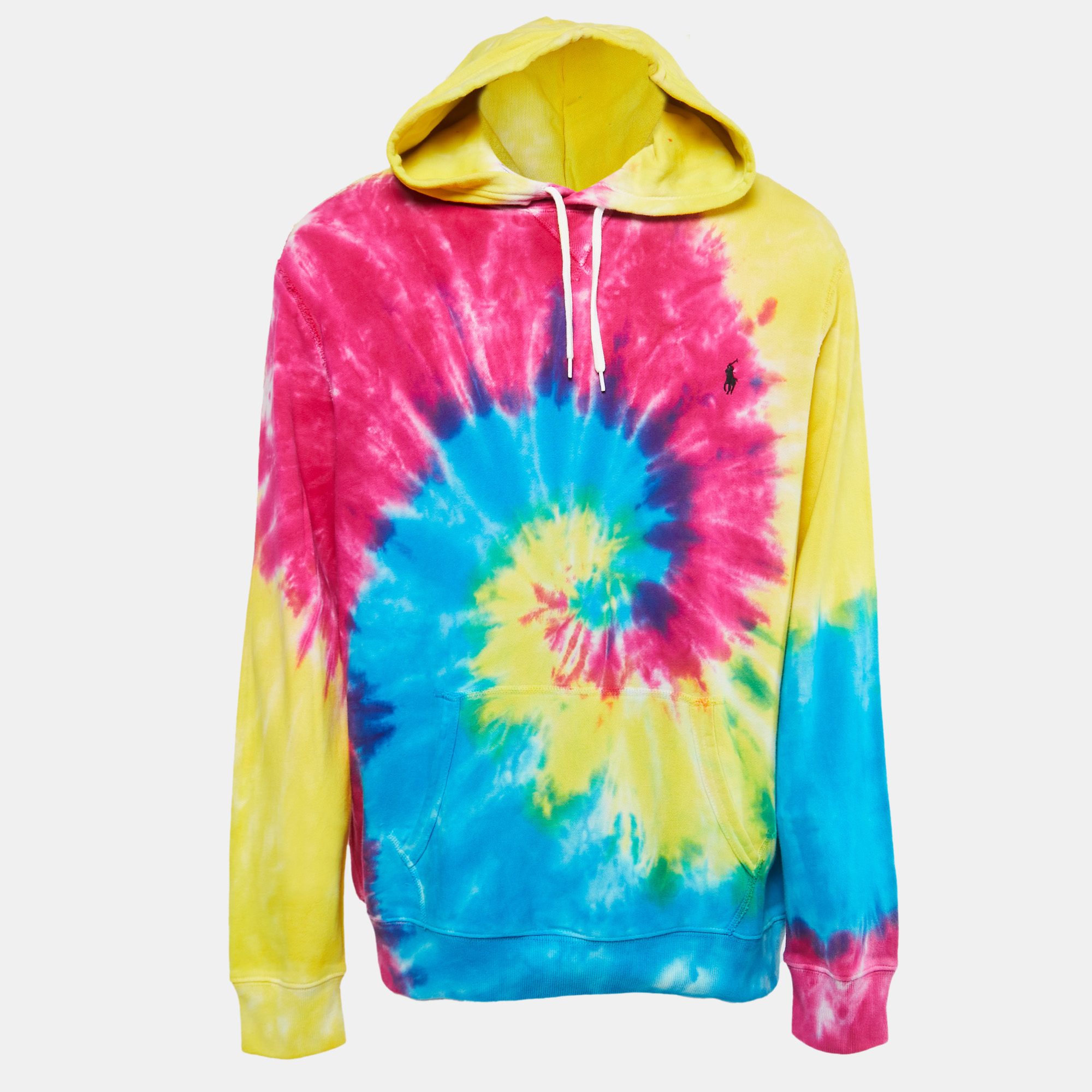 Make a style statement in this multicolored tie dye hoodie from Polo Ralph Lauren. It has been carefully made from cotton knit and has a hood. Extremely fashionable cool and comfortable