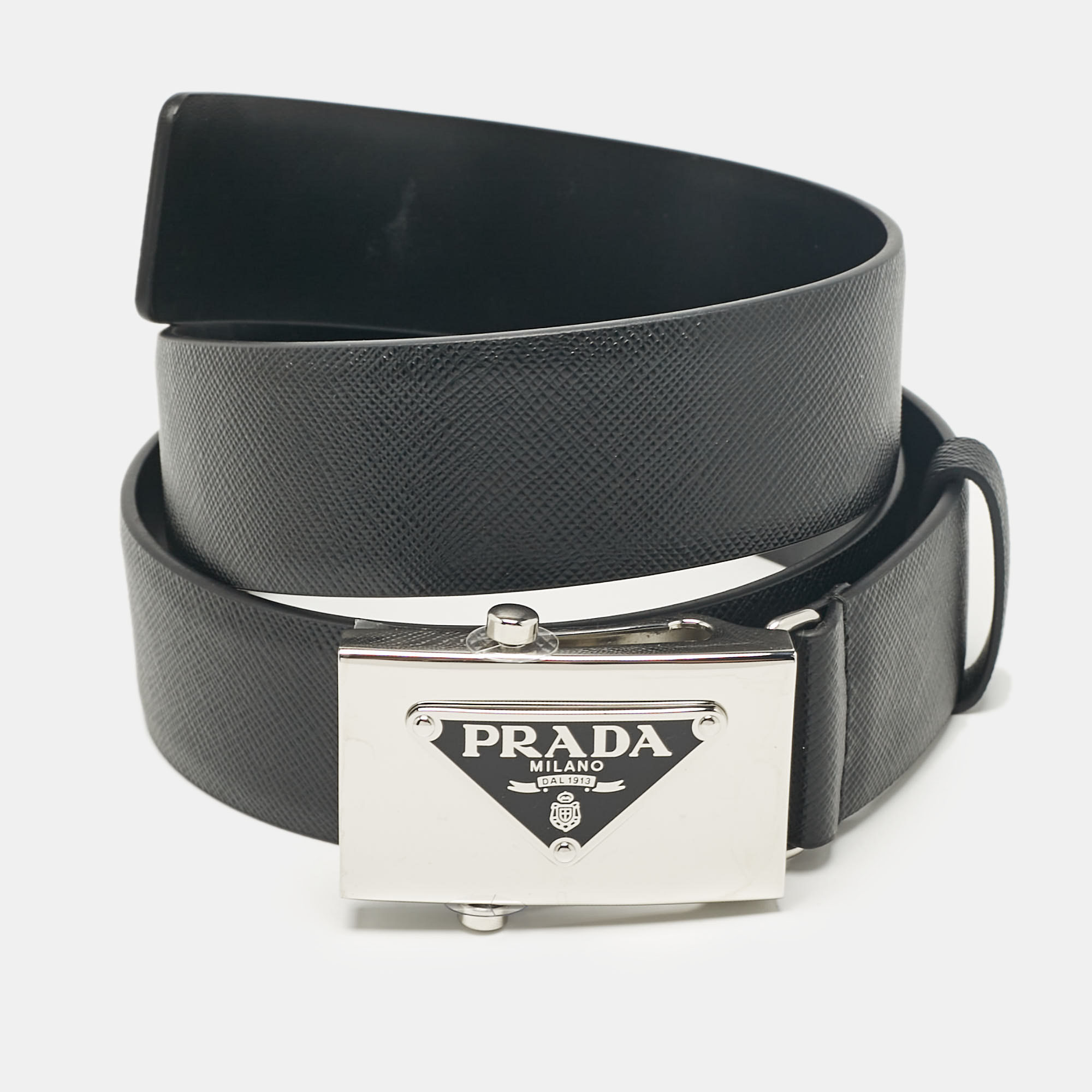 

Prada Black Saffiano Leather Triangle Logo Buckle Belt